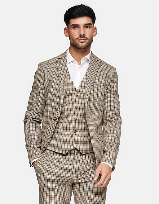 Suits Topman skinny single breasted suit jacket in stone check 