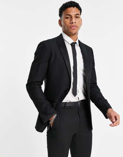 Topman skinny single breasted tuxedo jacket in black ASOS