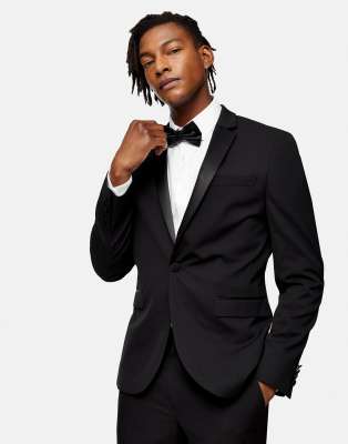 Topman skinny single breasted tuxedo jacket in black