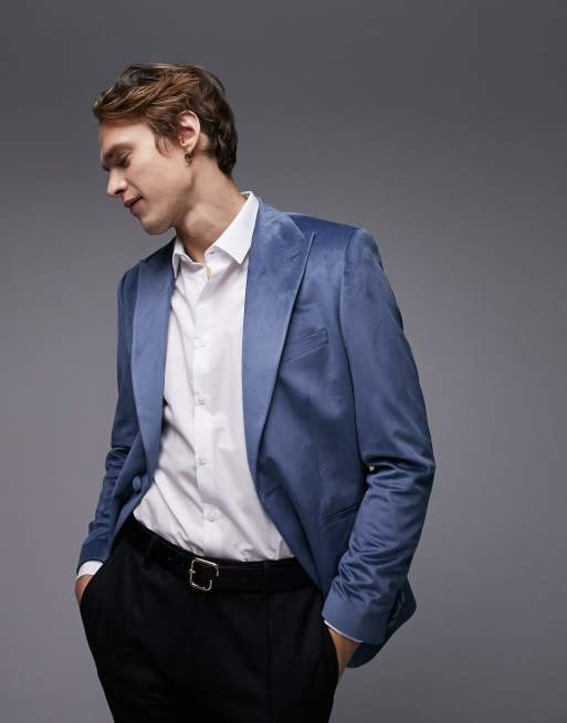 Topman skinny single breasted velvet blazer in blue ASOS