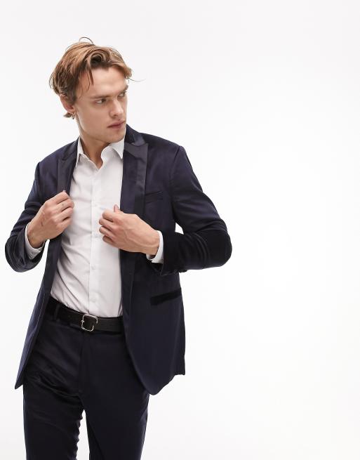 Topman Skinny Single Breasted Velvet Blazer With Tipping In Navy Asos 