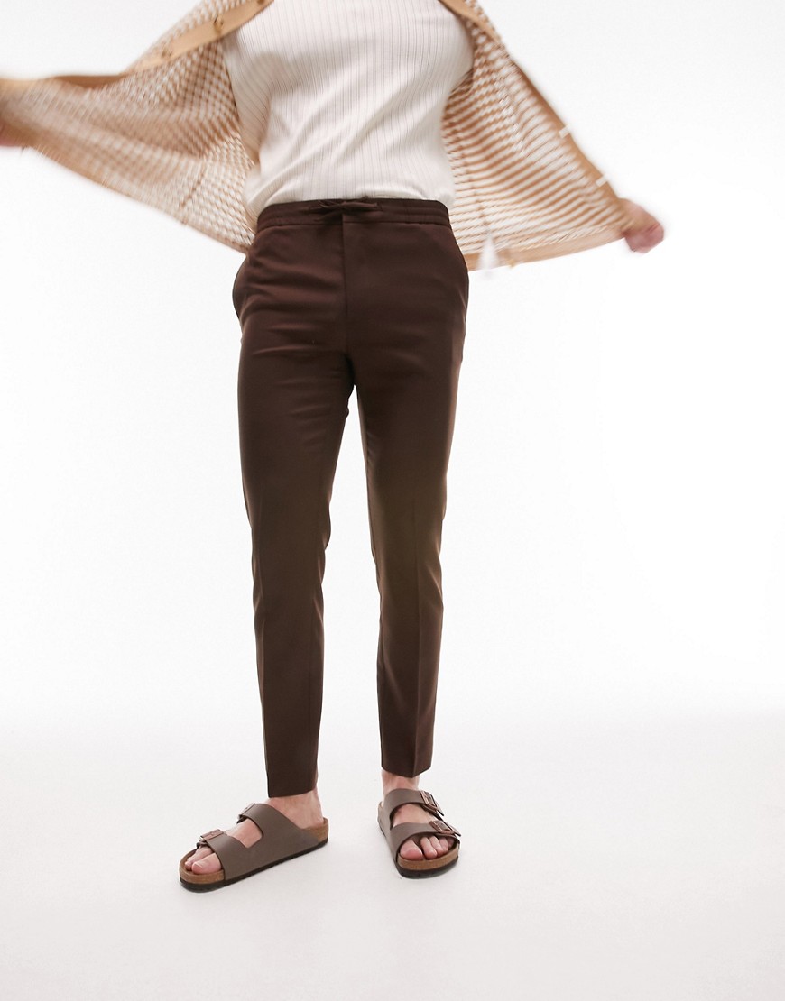skinny smart pants with elasticated waistband in brown