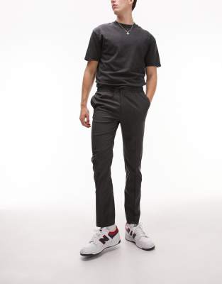 Topman Skinny Smart Pants With Elasticated Waistband In Charcoal-gray