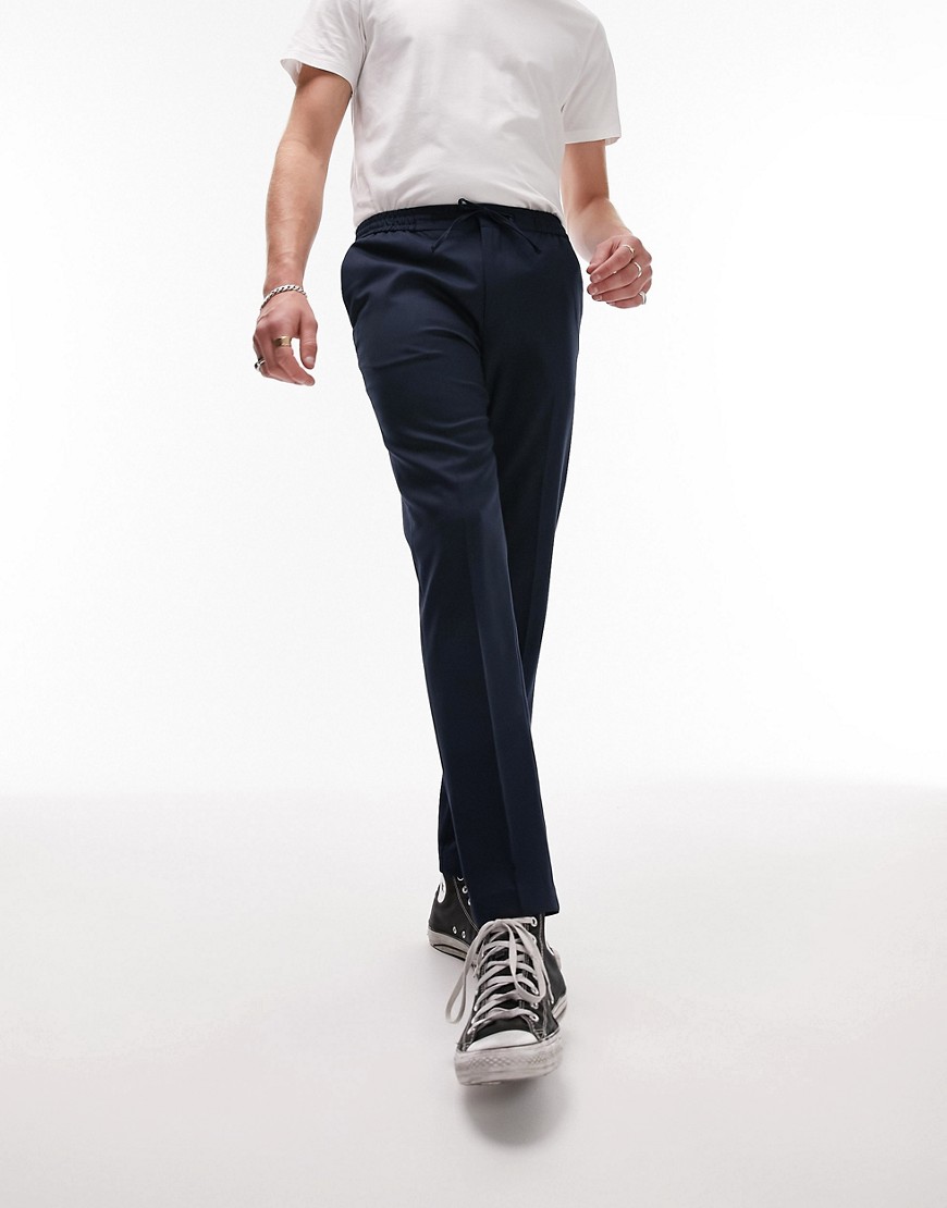 skinny smart pants with elasticated waistband in navy