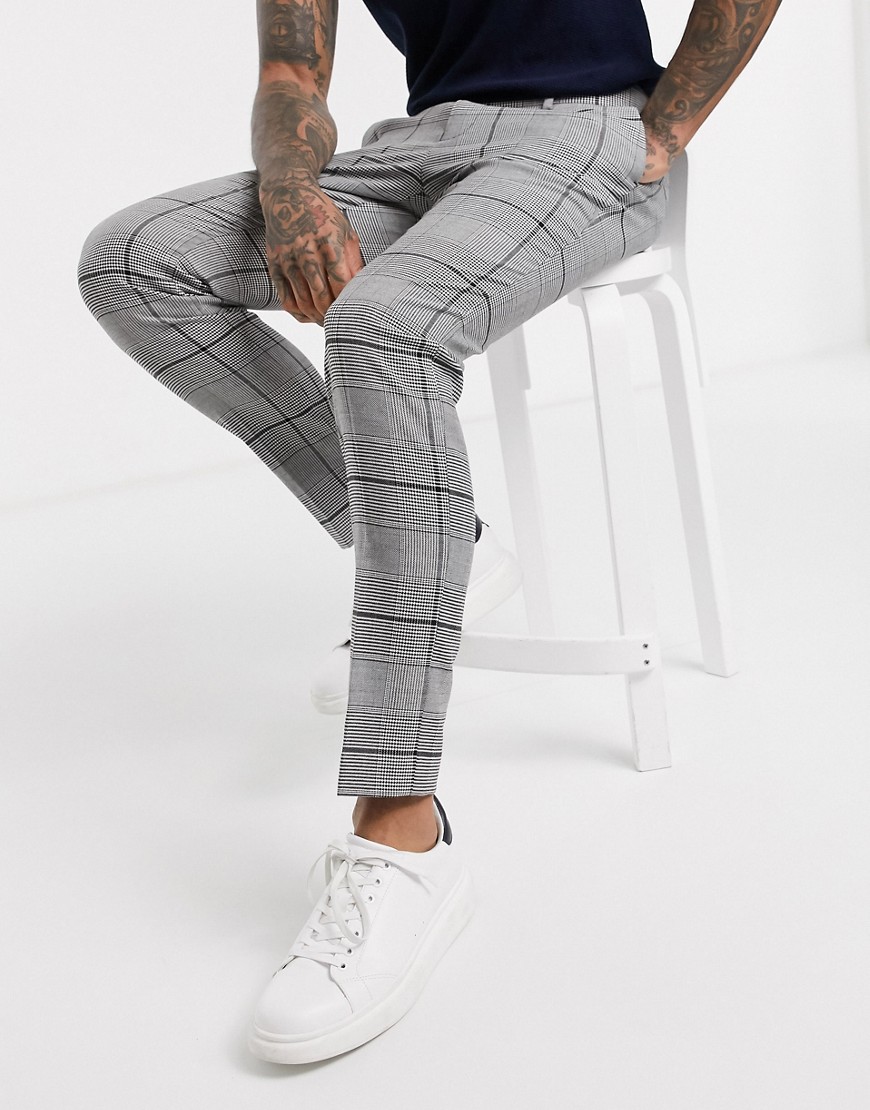 Topman skinny smart trousers in black & white check-Multi