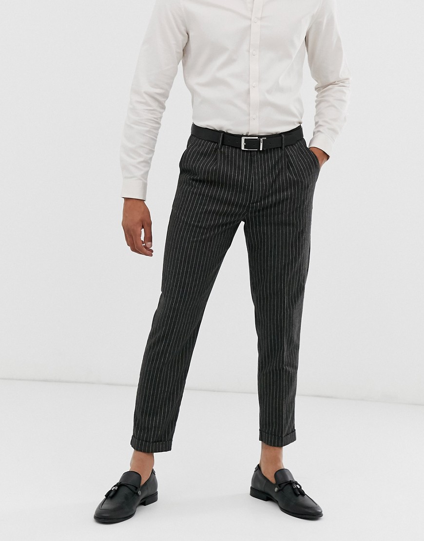 Topman skinny smart trousers in grey pin stripe-Black