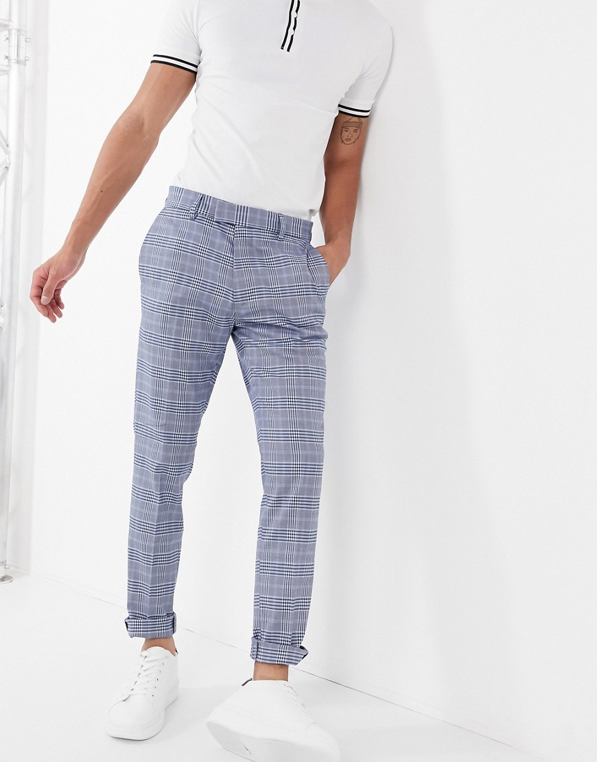Topman skinny smart trousers in light blue & navy check