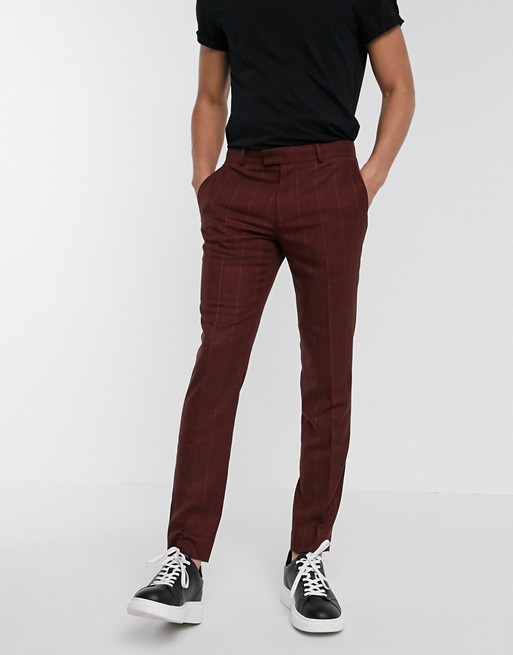 Topman skinny smart trousers in red check
