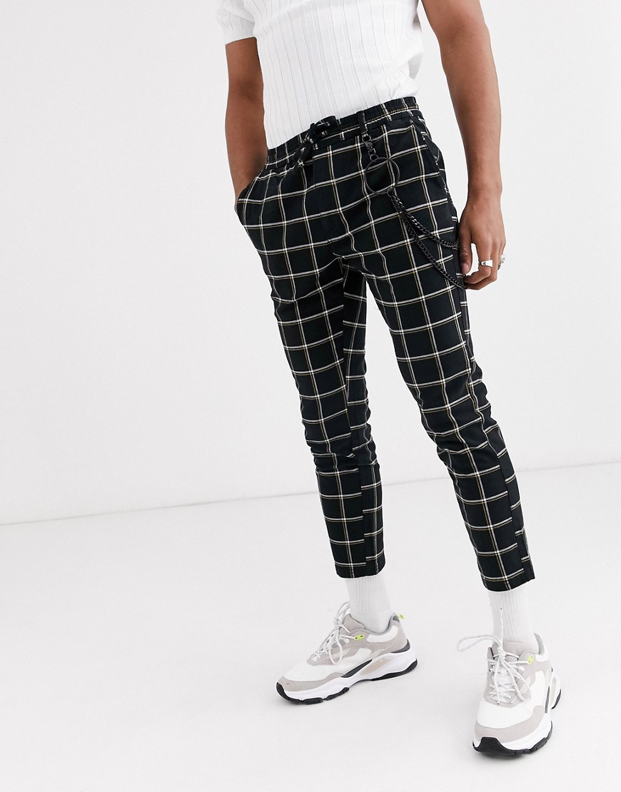 Topman skinny smart trousers with chain in black & yellow check