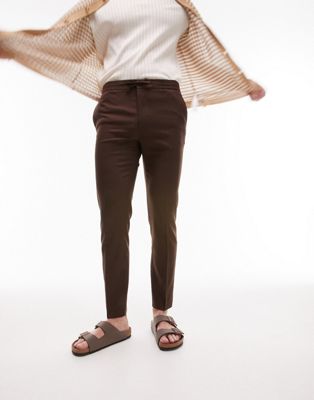 Topman skinny smart trousers with elasticated waistband in brown