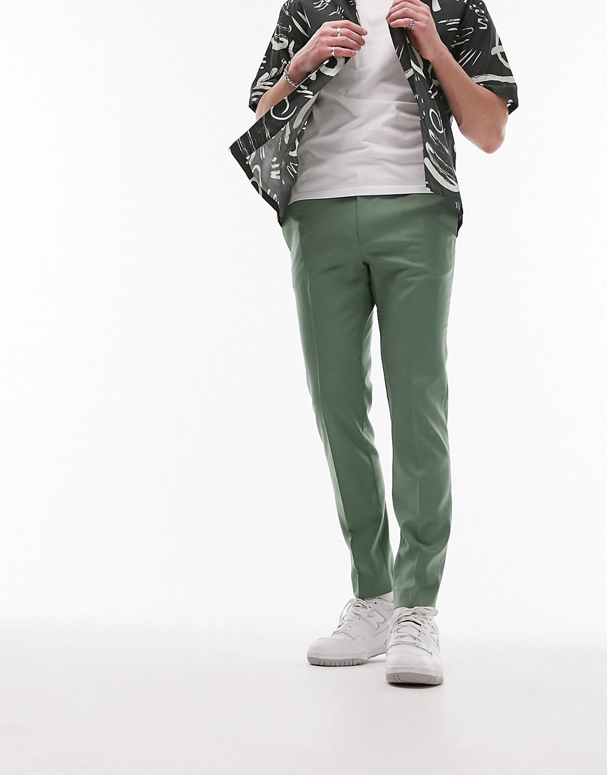 Topman skinny smart trousers with elastic waistband in sage-Green