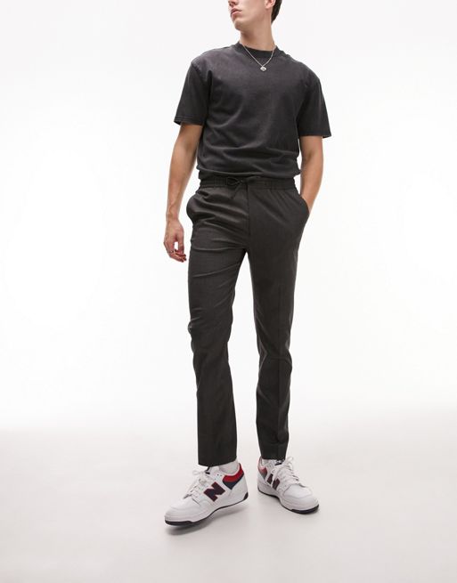 Topman skinny smart trousers with elasticated waistband in charcoal