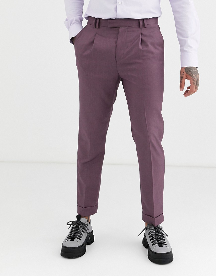 Topman skinny smart trousers with turn ups in burgundy-Red