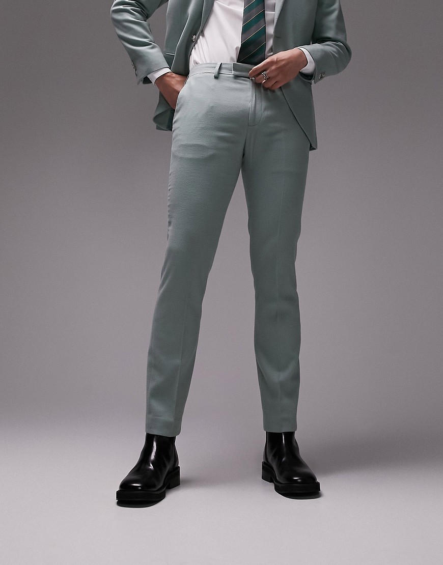 Topman Skinny Stacker Warm Handle Suit Pants In Sage-green