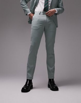 Topman skinny stacker wedding suit trousers in sage-Green