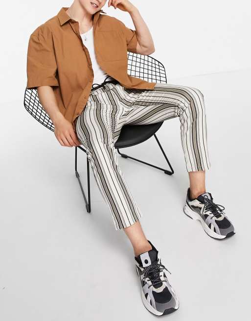Topman skinny stripe drawstring waist pants in neutral and brown