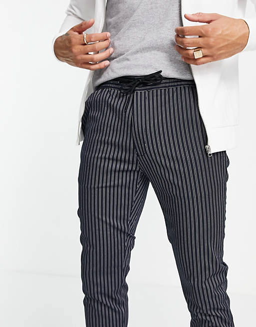 Trousers & Chinos Topman skinny stripe trousers with elasticated waist in navy 
