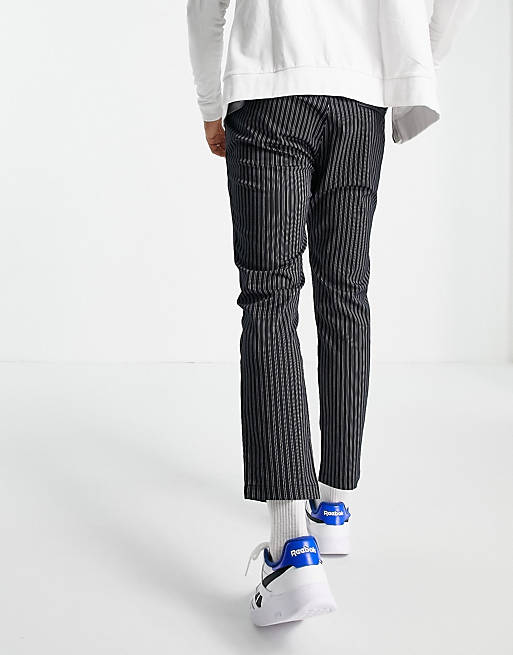 Men Topman skinny stripe trousers with elasticated waist in navy 