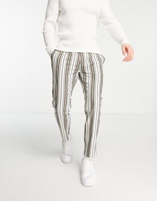 Topman skinny striped trousers with elasticated waist in stone