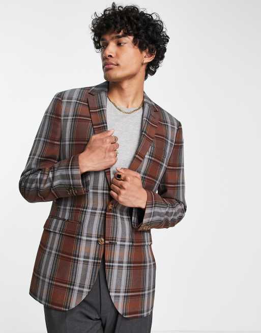 Topman skinny suit jacket in gray & brown plaid | ASOS