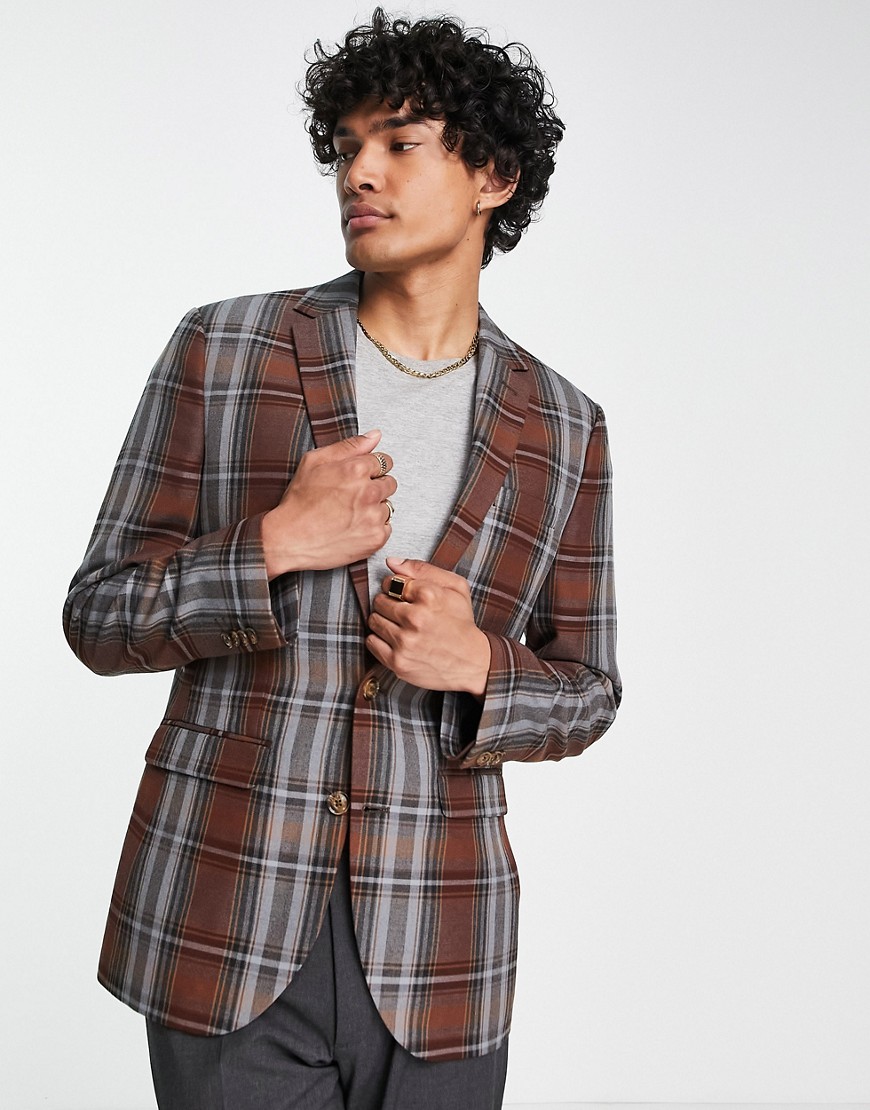 Topman skinny suit jacket in grey & brown check