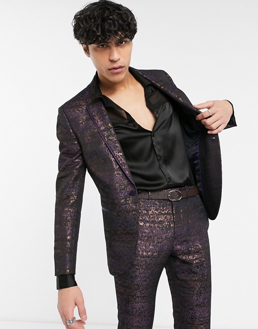Topman skinny single breasted suit jacket in purple jacquard