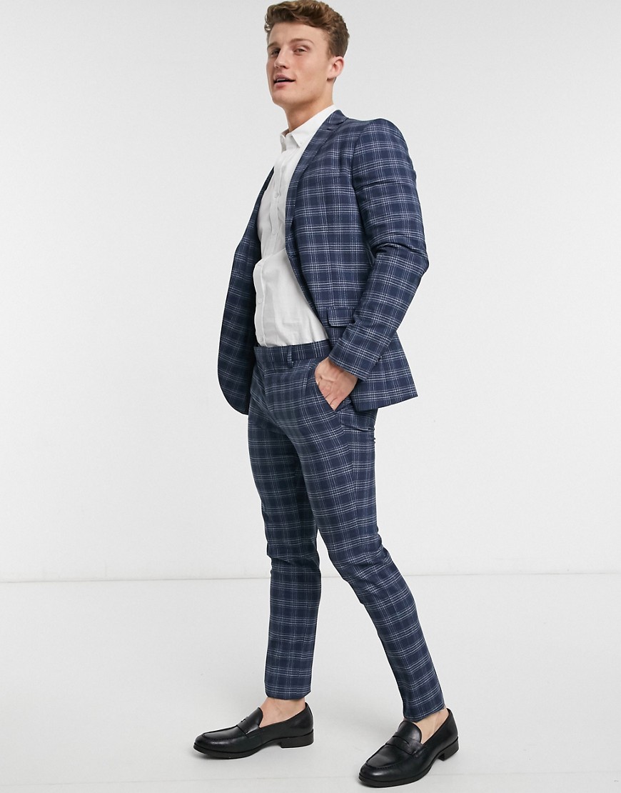 Topman skinny suit pant in blue check