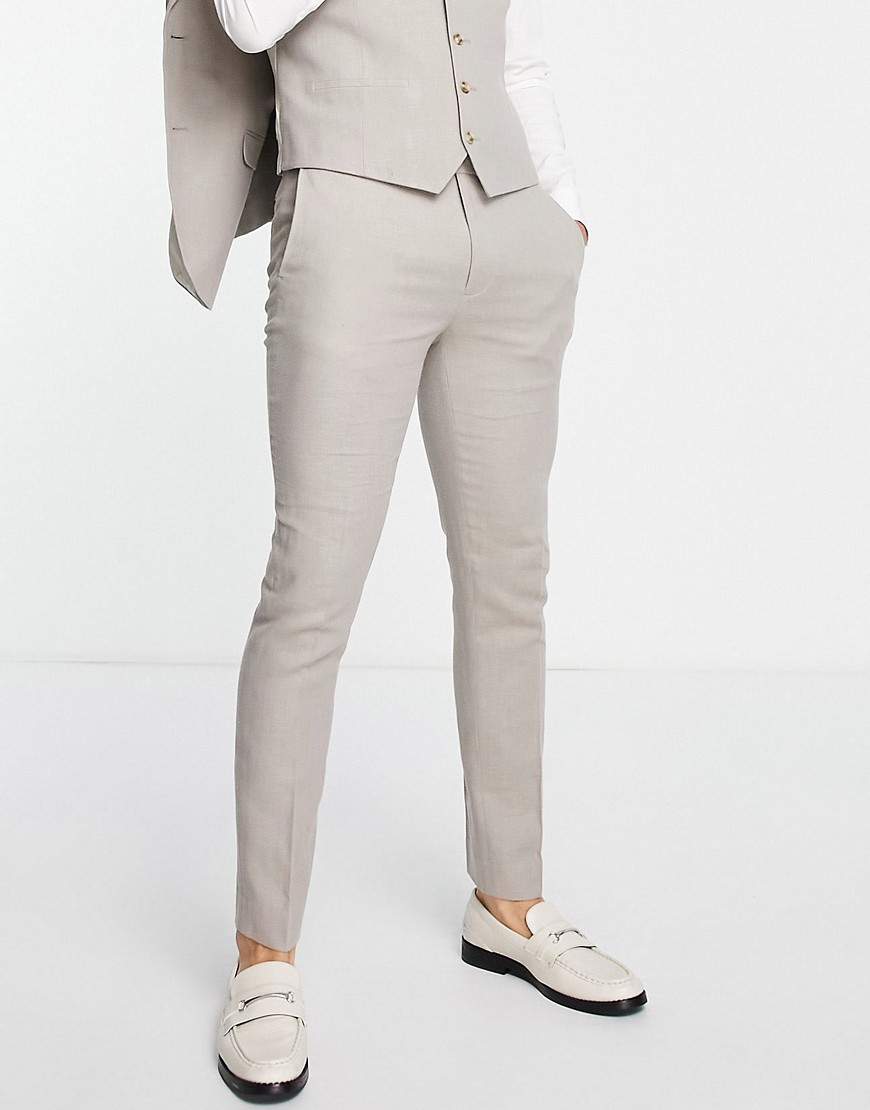 Topman skinny suit pants in stone herringbone-Neutral
