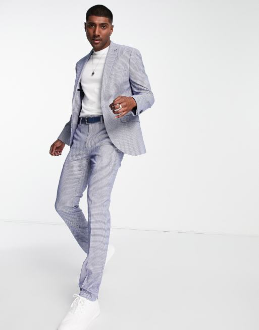 Men's Light Grey Blue Check Skinny Suit Trousers