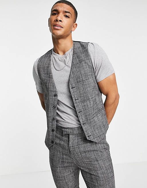 Men Topman skinny suit waistcoat in grey check 