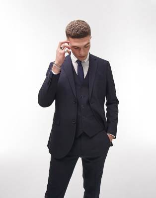 Topman Skinny Textured Suit Jacket In Navy