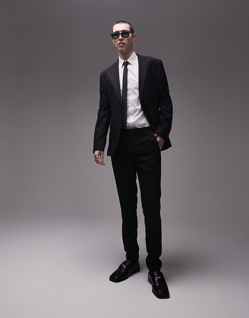 Topman skinny textured suit trousers in black