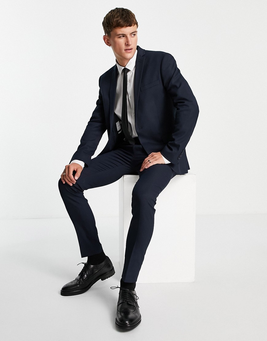 Topman skinny textured suit trousers in navy