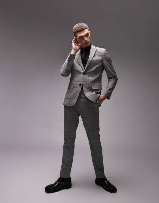 Topman skinny two button check wedding suit jacket in black and white - ASOS Price Checker
