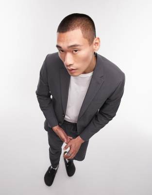 skinny two button washed cotton suit jacket in charcoal-Gray