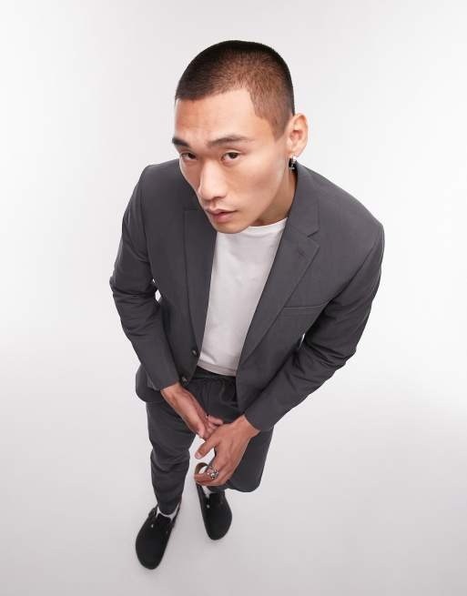 Topman skinny two button washed cotton suit jacket in charcoal