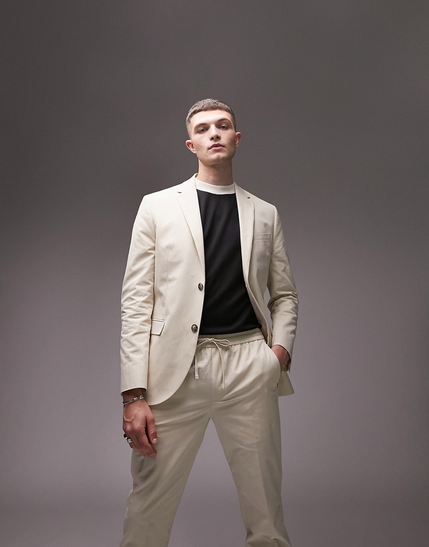 Topman Skinny Two Button Washed Cotton Suit Jacket In Ecru-white