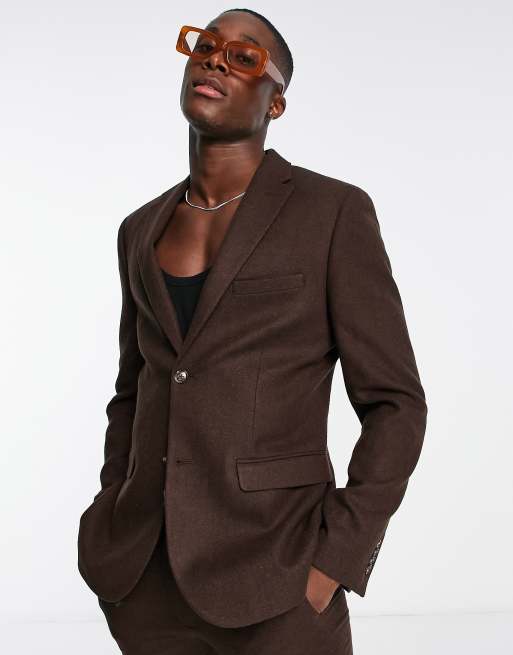 Topman skinny two button wool mix suit jacket in brown