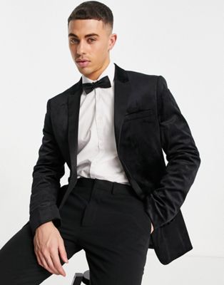 Topman skinny velvet blazer in black