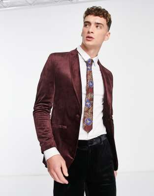 Topman Topman skinny velvet blazer in burgundy-Red