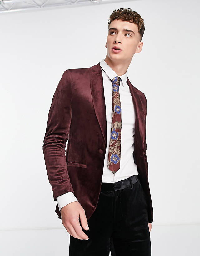 Topman - skinny velvet blazer in burgundy