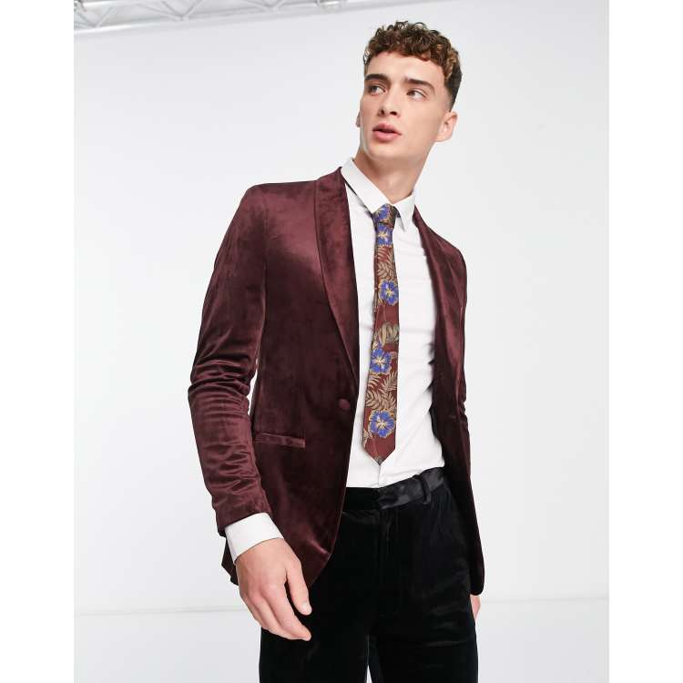 Topman skinny velvet blazer in burgundy ASOS