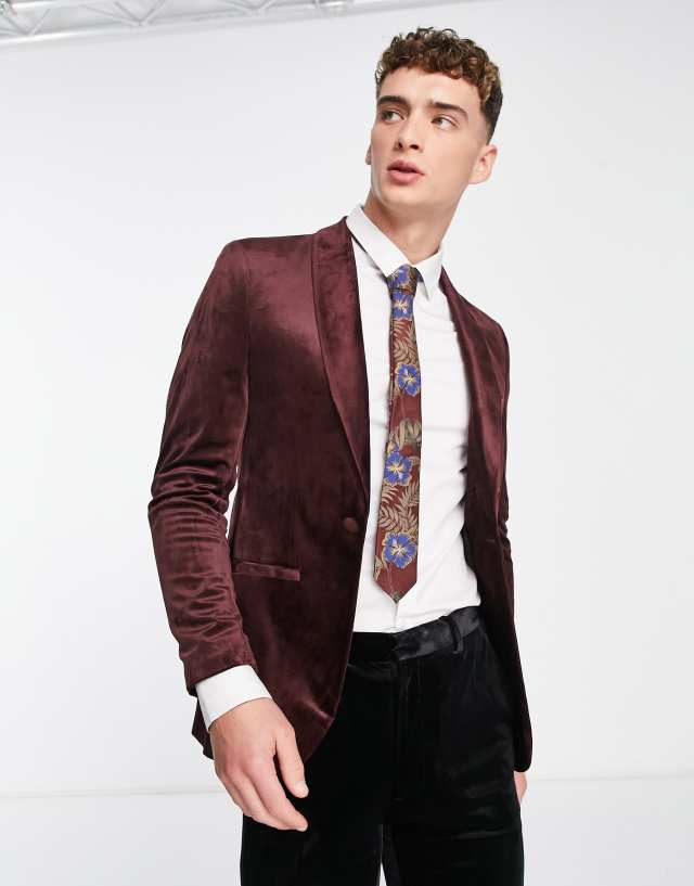 Topman skinny velvet blazer in burgundy