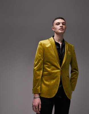 Topman Topman skinny velvet blazer in gold