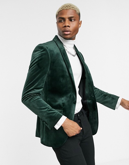 Topman skinny velvet blazer in green