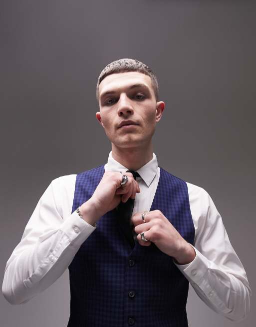 Topman skinny wedding vest in blue check