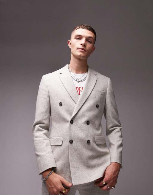 Topman skinny wool mix double breasted wedding suit jacket in gray