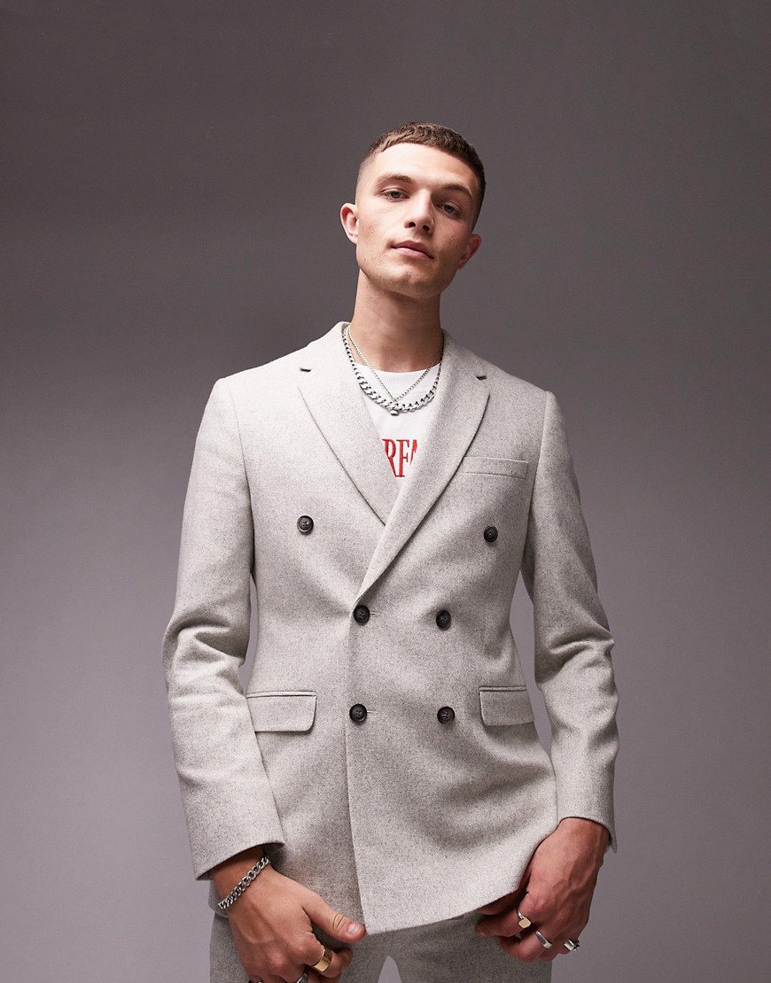 Topman skinny wool mix double breasted wedding suit jacket in grey