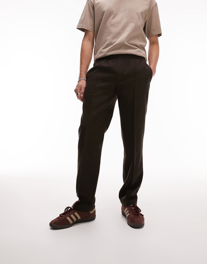 skinny wool mix pants with elasticated waist in brown