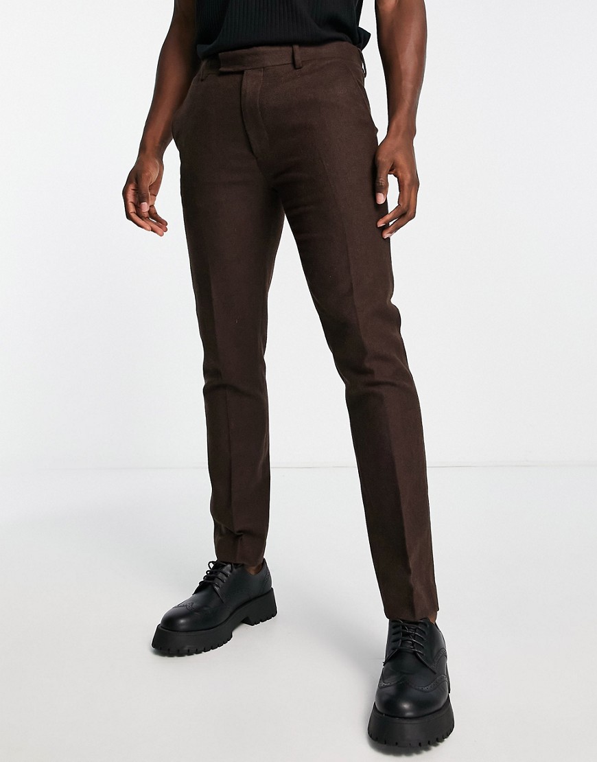 Topman skinny wool mix suit trousers in brown